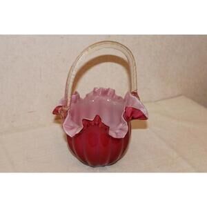 Vintage Art Glass Cranberry Encased Glass Basket with Spiral Handle - Repaired